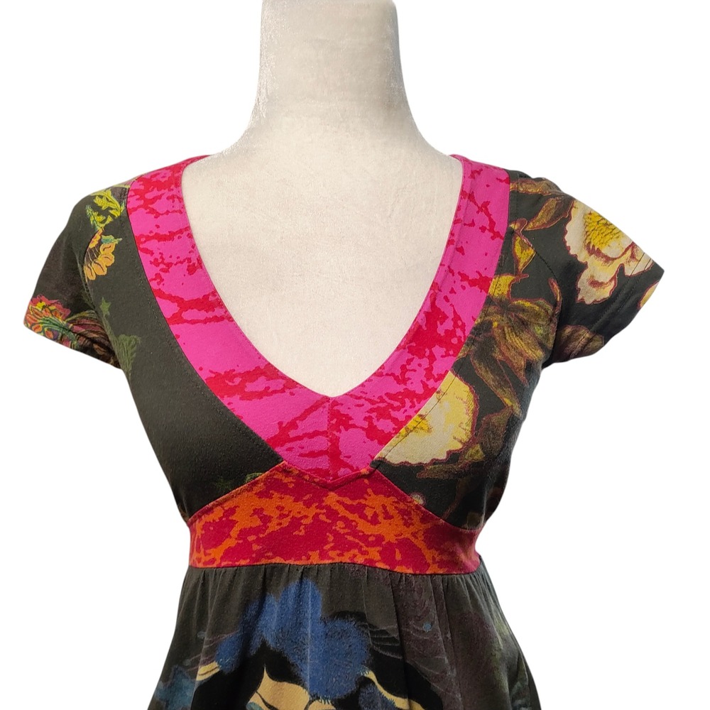Desigual Asian Geisha Print Dress Short Sleeve Art Y2K Colorful XS / S FLAW - Picture 3 of 12
